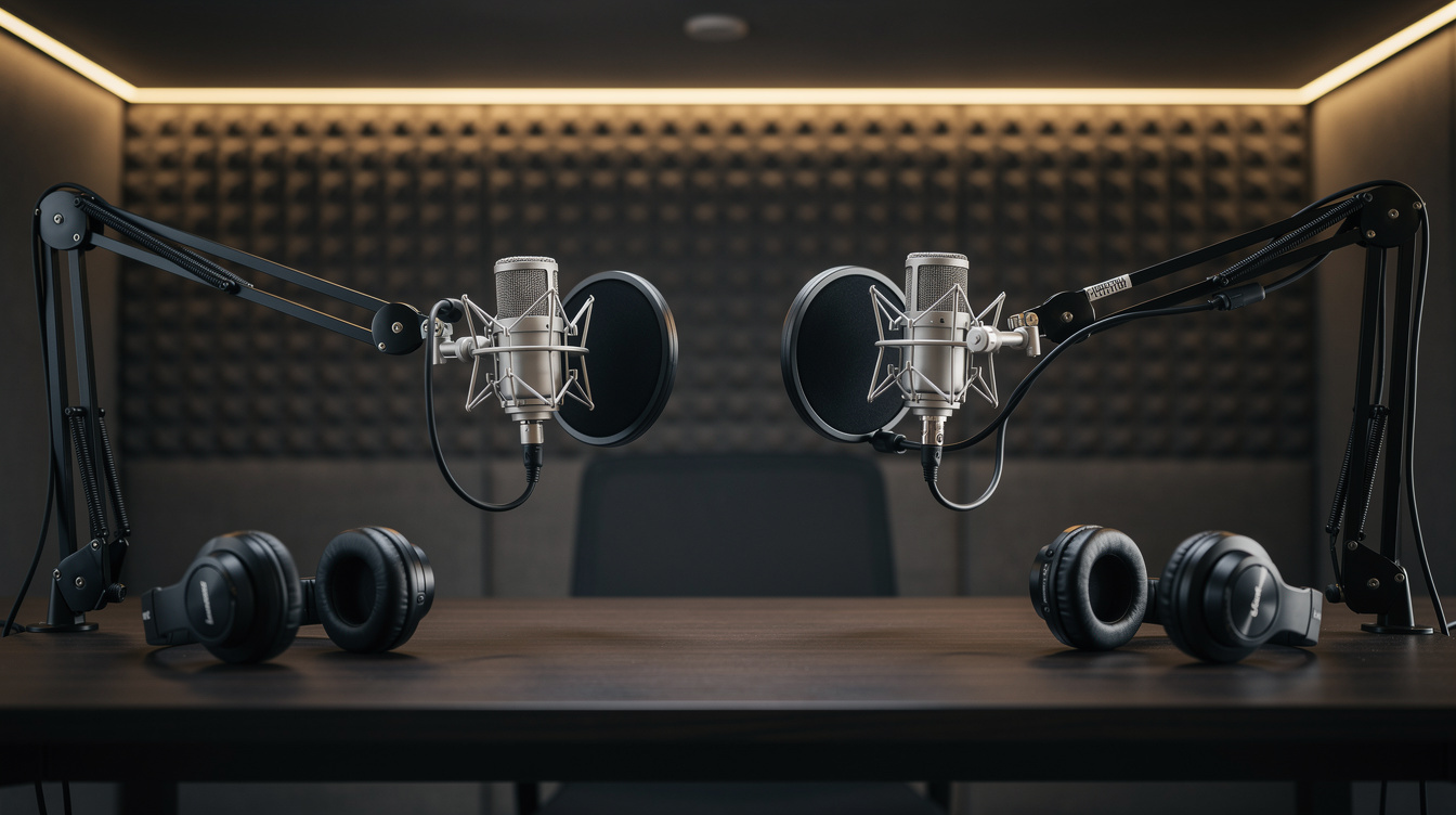 Podcast recording setup with microphones and headphones